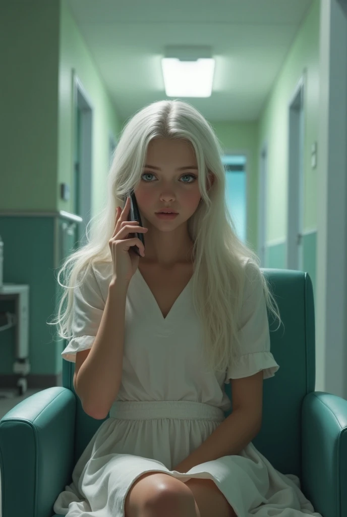 A fair-haired, white-skinned girl  ( who is inside a hospital ) in 2nd person  ( sitting on a chair)  is talking on the phone with Cora out of annoyance ( who is dressed elegantly but not so much )