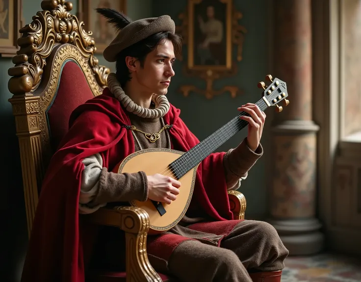 photograph,  Side View, full-body, sitting on gorgeous chair ,  play
Lute, singing chivalry poetry , front French Royal family, in French palace, in Chantilly Castle, 13th century, male Bard, French man,  30-age, (dark brown hair , Small lips, little smile...