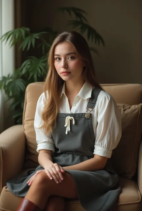 1971. A 25 years woman, wearing a gray wool overall dress, white blouse, white ribbon on chest, tan brown pantyhose, vintage leather knee high boots, long light brown hair, make- up. Woman is sitting on a couch. Full body photo.