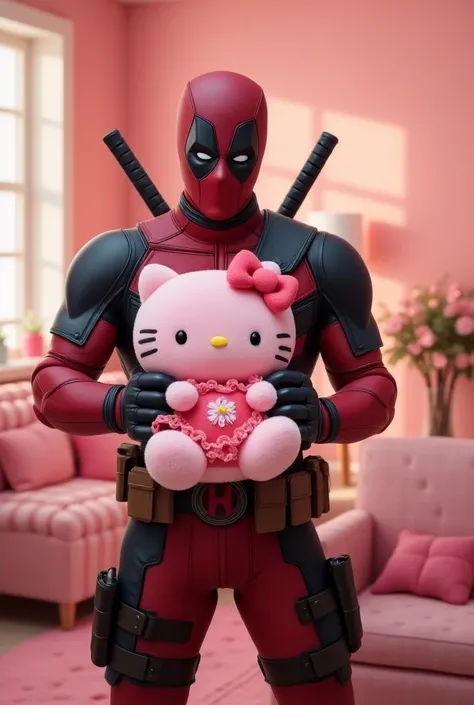 deadpool holding a hello kitty plush in a pink room"