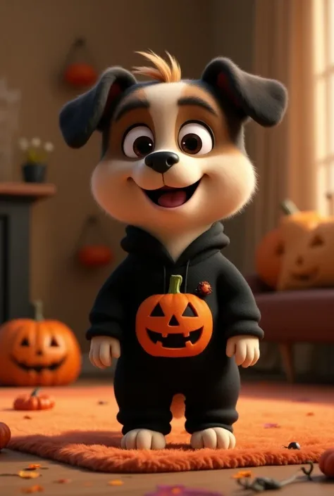 Pixar-style 3D rendering of a cute dog in an black jumpsuit with halloween pumpkin design. The dog is standing on its hind legs. The background is a cozy living room, with halloween decorations with a soft rug.