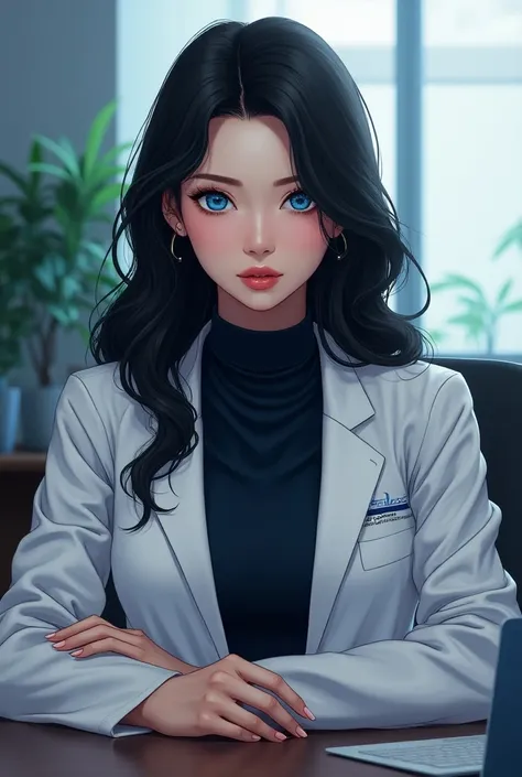 (absurdities,  High resolution , ultra detalhado, manhwa, realism, woman HIGH QUALITY), 1 woman,adult, (((Madura))), slender body,  long wavy hair long back length,black hair, * vibrant blue eyes* soft and gentle features ,  full and velvety lips , elegant...