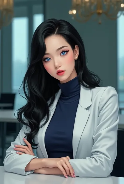 (absurdities,  High resolution , ultra detalhado, manhwa, realism, woman HIGH QUALITY), 1 woman,adult, (((Madura))), slender body,  long wavy hair long back length,black hair, * vibrant blue eyes* soft and gentle features ,  full and velvety lips , elegant...