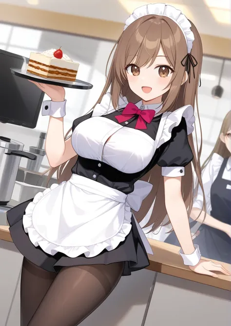  An illustration of a 17-year-old female character .  The character has long loose brown hair and is wearing a maid outfit or employee of the animes . The setting is a maid cafe with people , the girl has bright honey brown eyes and has a mischievous smile...