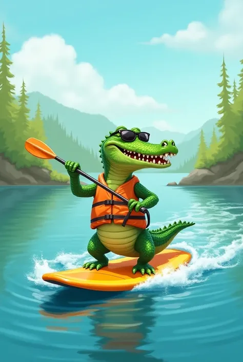 Image humoristique, un crocodile qui fait du paddle