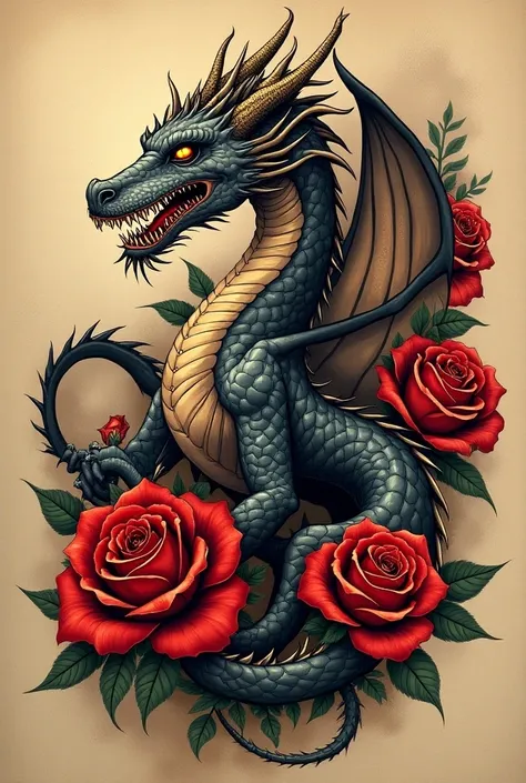 Tattoo of a dragon surrounded by roses with dragon skin.
