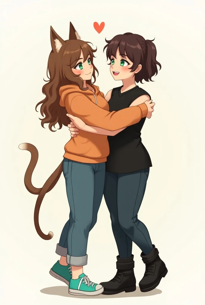 First girl: light skin,  long and slightly curly brown hair and cat ears, green eyes, orange sweatshirt, blue jeans, turquoise sneakers , cat tail. The second girl:  ordinary chavellek ,  short slightly curly dark brown hair , бледно green eyes, light skin...