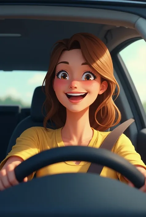 Woman behind the wheel, Wearing a safety seat, Very happy and winking