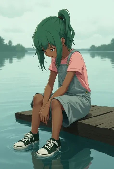 Anime one southern girl, wet spots on clothes, looking at her feet, short green hair, side ponytail, dark brown skin, pastel pink T-Shirt, light grey overalls, dripping wet dark green white sneakers, sitting on a piece of wood in a lake, soaking feet too d...