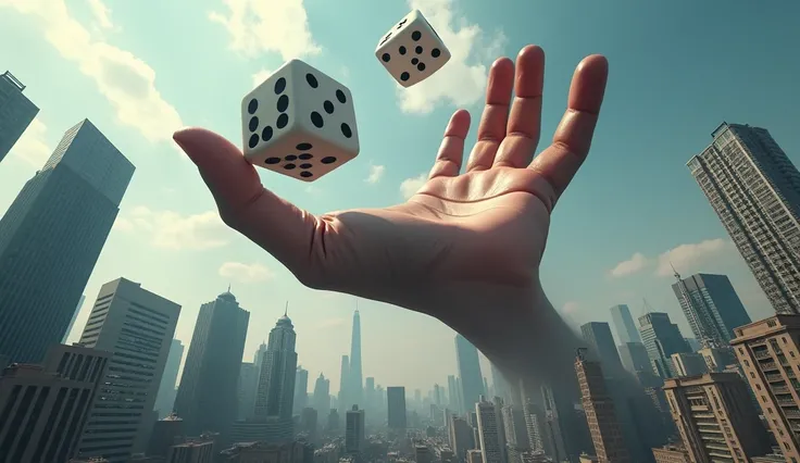 a giant human hand that appears from above skyscrapers, dropping 2 traditional dice with giant numbers 