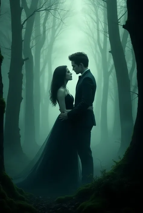 Bella Swan and Edward Cullen gothic fog waist-deep forest 