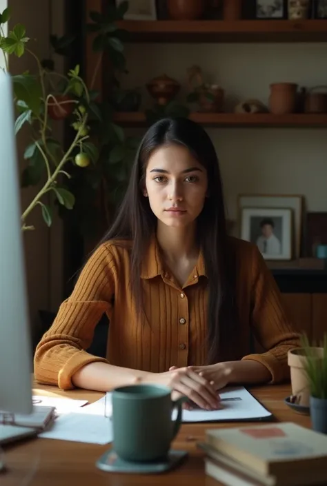 Armenian female freelancer working hard on her desktop computer