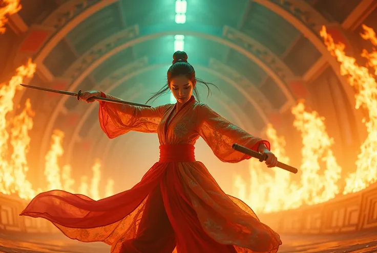  fisheye lens with flames in the background,  Chinese girl dancing swords ,  dressed in a tang costume ,  A person ,  upward-facing light , Raytracing, Edging light, Glow effect, exaggerated action , Exaggerated perspective, orange, Green,  realistic ultra...