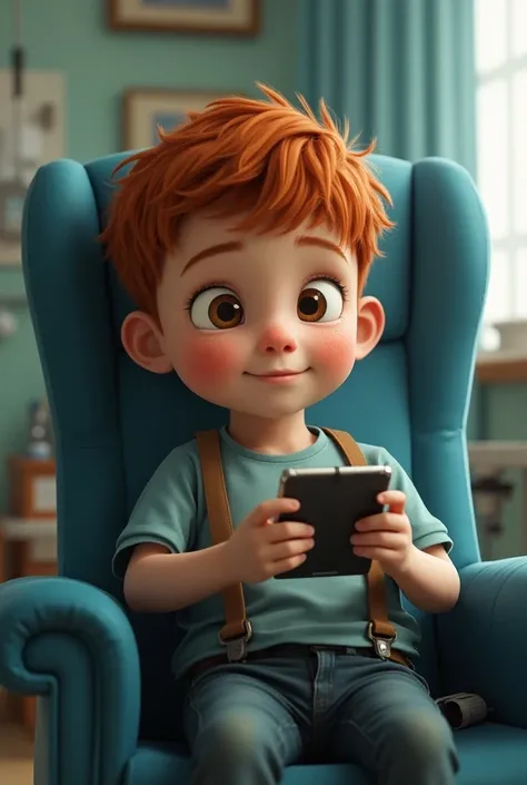 a red-haired boy ,with freckles,white, brown eyes ( sitting on a chair) ( inside a hospital with several things behind him,Leaning against the wall )  he is playing with his phone  