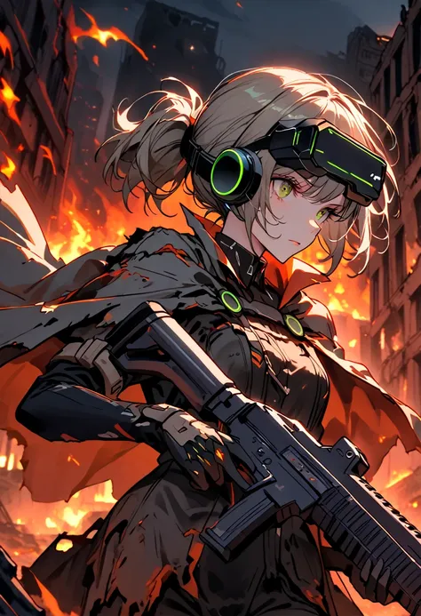 solo, female, close up, cowboy shot, short hair, ponytail, head-mounted display, holding weapon, assault rifle, night, ruins, fi...