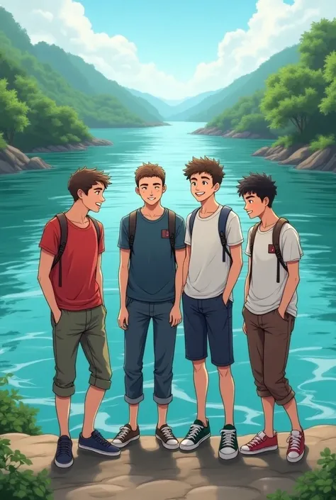 Four teenager male friends are standing in front of a big river.fullscreen size