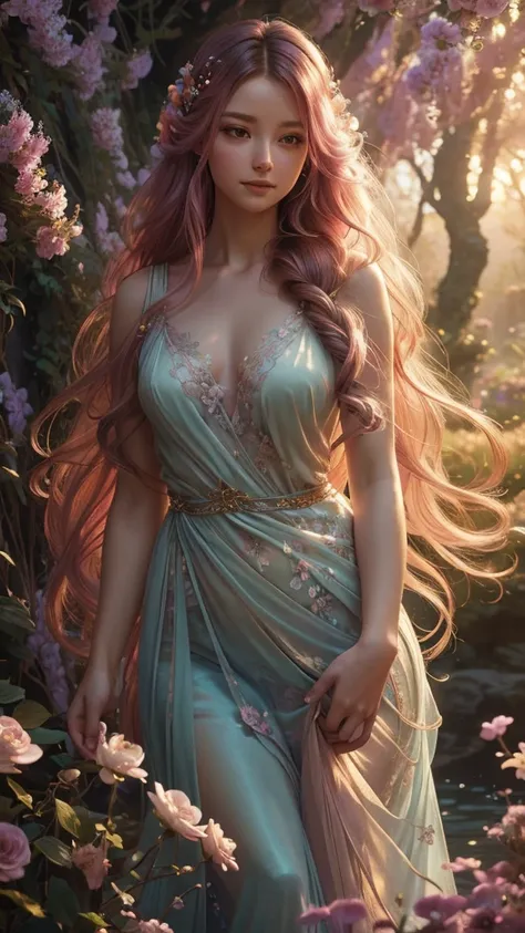 soft lighting, dreamy atmosphere, ethereal aesthetic, fantasy theme, nature elements, floral background, delicate details, flowing hair, vibrant colors,  standing with one hand on her hip, the other arm hanging loosely or playing with her hair.