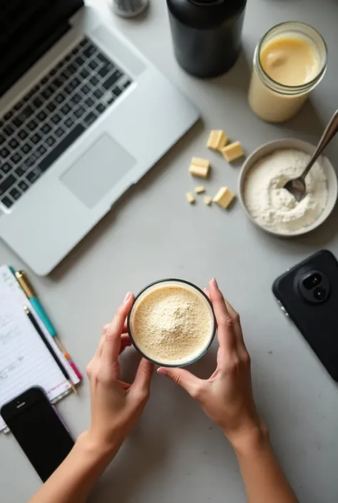 Um flat-lay (top view) From a table with a person making a whey protein shake. In the background,  the environment suggests a hectic routine , com laptop, agenda,  and cell seeds present in the composition .