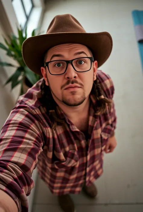 action photography of a flabby man as a ((corpo-hacker confidante)) with ((Dutch braids)) wearing (eyeglasses),  dressed in blue jeans,  flannel shirt,  cowboy hat,  boots,  pale wall,  indoor setting,  plant left side,  yoga mat right side,  standing upri...