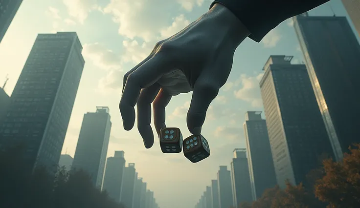 a giant human hand appearing from above skyscrapers, dropping 2 traditional dice with giant numbers, dramatic lighting, cinematic composition, epic scale, hyperrealistic, photorealistic, 8k, best quality, masterpiece, chiaroscuro, dramatic shadows, powerfu...