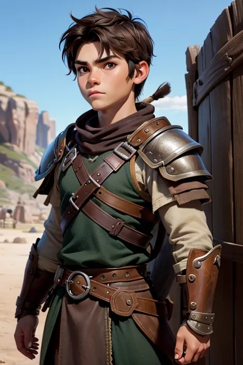 viking, boy warrior with short brown hair and brown eyes in leather armor