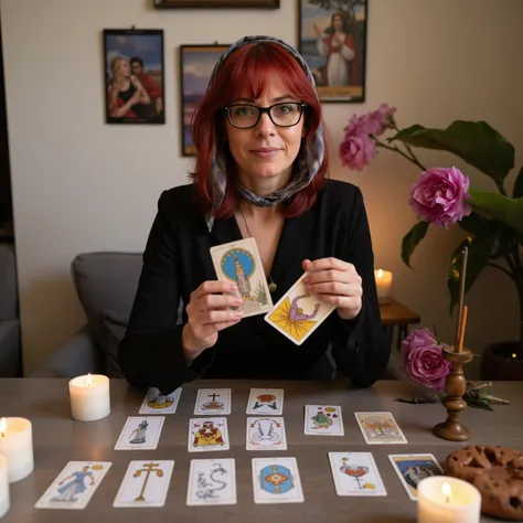 Ultra realistic. A woman with red hair and glasses is sitting at the table. The woman has a half scarf in her hair. The womans age is in her 30s, there are candles and incense on the table. There are tarot cards arranged in a regular manner on the table in...