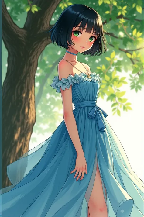 Manga style,with a little manwah style, female bop cut female black hair, green eyes, feminie round jawline, big cheeks, pale complextion, princess clothes blue dress with slit down legs, standing next to a tree, 