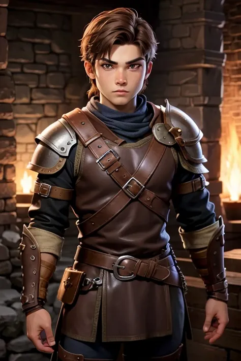 viking, boy warrior with short brown hair and brown eyes in leather armor