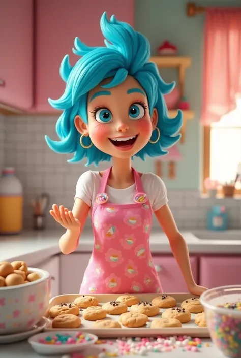 Azucarilla, a vibrant and bubbly young woman with bright blue hair styled in a playful bob, is standing in a pastel-colored kitchen full of sweet, sugary decorations. She’s wearing a cute pink apron covered in candy patterns, with flour dusted across her c...