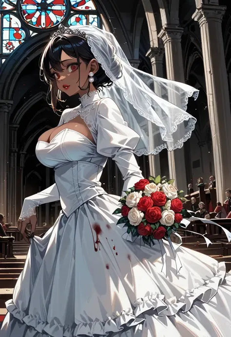 1girl, red eyes, tanned skin, holding a bouquet of daises, long flowy wedding dress, long droopy sleeves, pearl earrings, red pearl earrings, hands dripping of blood, grinning, blood-stained veil and dress, church background, soft red lips, black nails, ro...