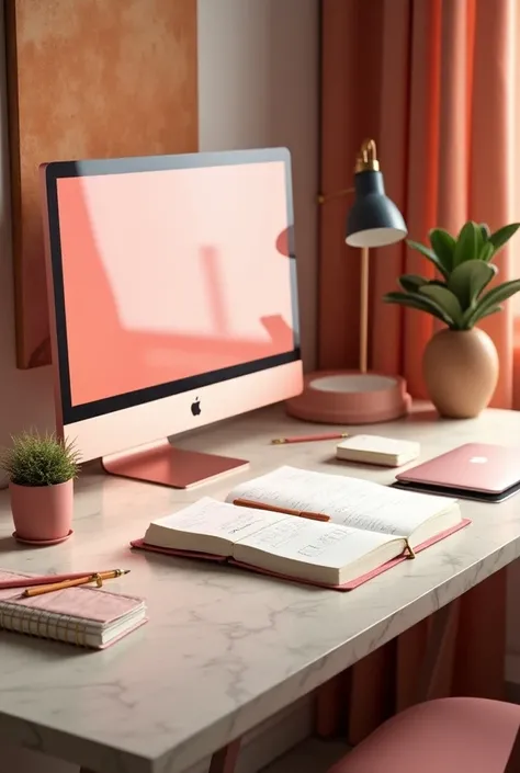 A beautiful desk with an agenda with work equipment and a pink aesthetically pleasing computer ,orange ,blanc ,Beige , avec un macbook  sur le bureau
