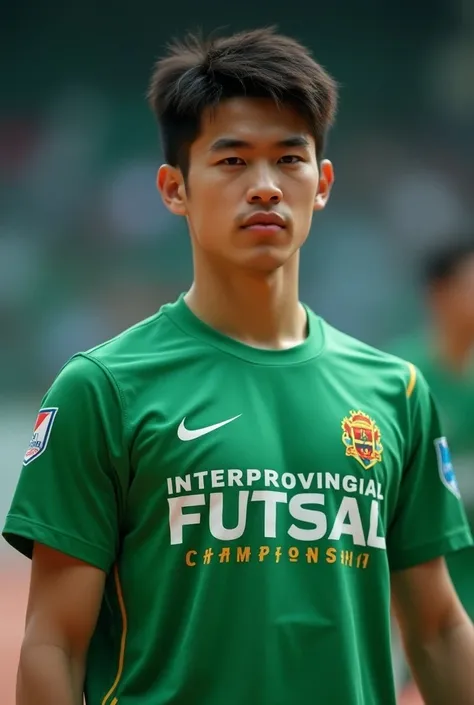  Make an image of a man about 23 years old (human) wearing a green sports t-shirt that says  ,” INTERPROVINCIAL FUTSAL CHAMPIONSHIP” 