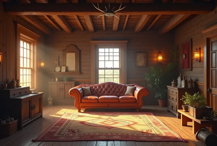  Make me a large spacious room with a sofa in a rustic house, with wooden floors .   I would like the art in a fantasy RPG style  . In the Old West