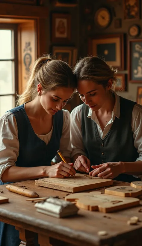 Jack and Rose from Titanic with a real face, Kate Winslet and Liv DiCaprio, make famous crafts in a beautiful carpentry workshop with wood and tools on the table, and they are either happily embossing