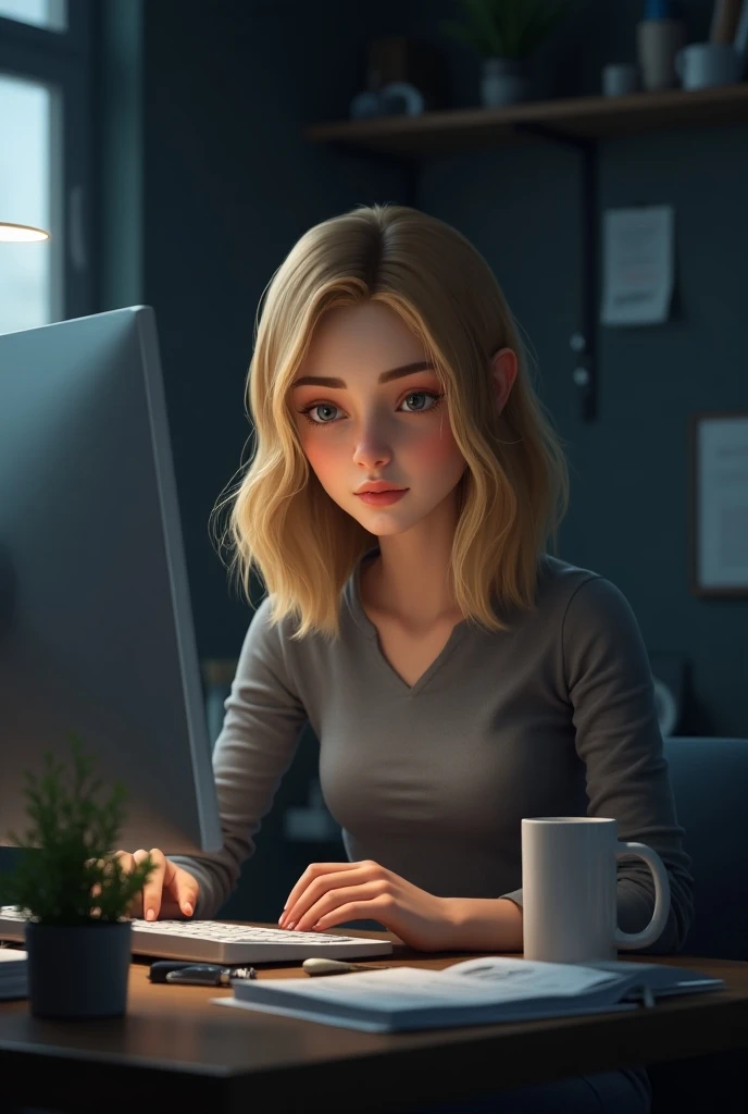 Armenian female freelancer working hard on her desktop computer
She has blonde hair.