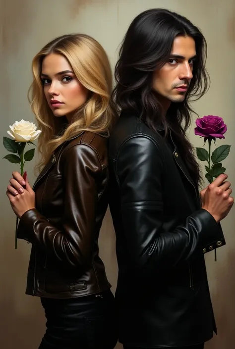  Make a blond haired woman with a leather jacket brown eyes thick eyebrows round face with Ukrainian phenotype and a man with long black hair with small brown eyes and penetrating Turkish look with typical clothes from Dagestan must be an oil painting art ...