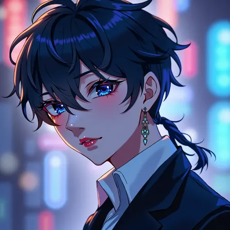 Cool Short Hair Guy, Blue Eye Earrings, Twintail,  Best Quality , 