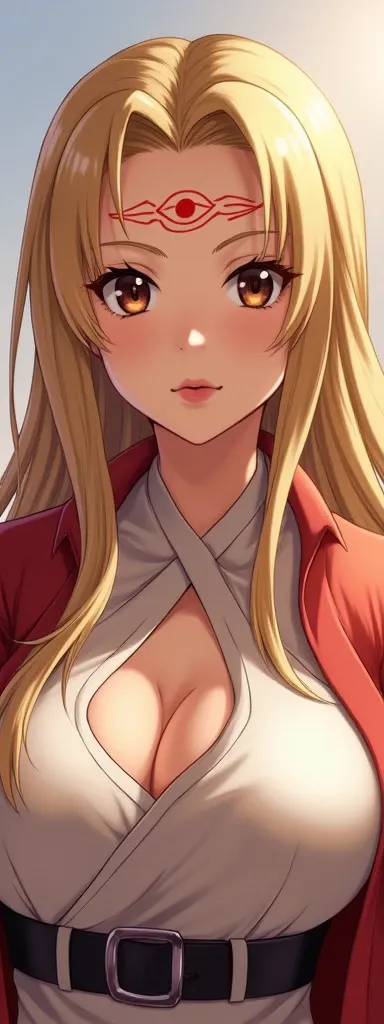 tsunade, blonde, long hair, low braids, collector,  brown eyes costume,  forehead mark , pink lipstick , mature female,  big bre...