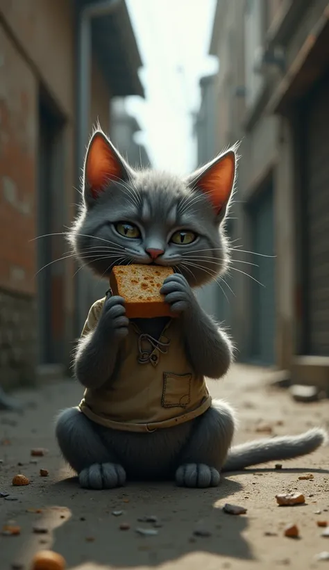 realistic image,8k,in a narrow alley a shabby gray kitten in a torn and dirty shirt is sitting while eating a piece of bread using its claws in its mouth