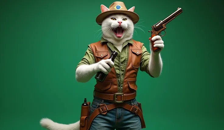 An intimidating standup white cat in humanoid form wearing a gym outfit and a leather hat with Brazilian colors holding a steampunk pistol in one hand and in his other hand a bottle of wine, full body on scene, a green chromakey in the background