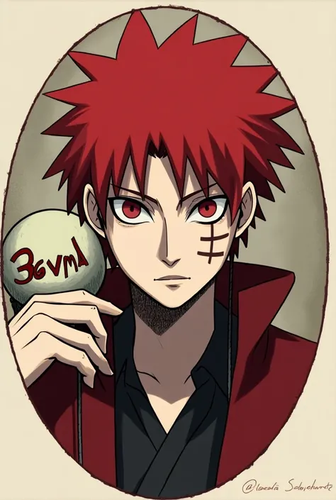 Generate a profile photo in a circle with Sasori of the red sand inside with a puppet with 36VMA written