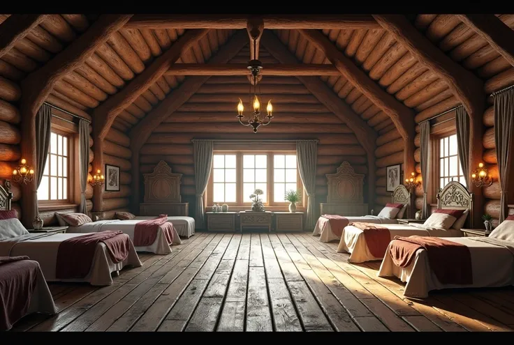 Make me a large spacious room with several beds a rustic house, with wooden floors .   I would like the art in a fantasy RPG style  . In the Old West