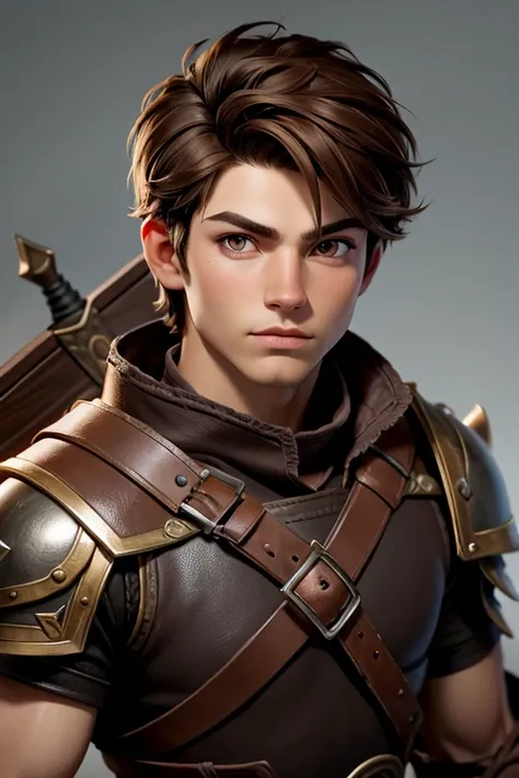 viking, boy warrior with short brown hair and brown eyes in leather armor. No background.