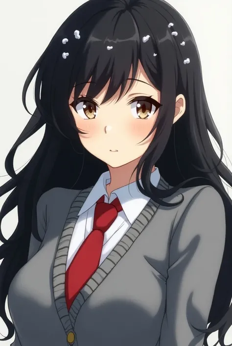 style:  Boku no Hero Academia, beautiful woman,  black wavy hair with white tufts of light brown eyes and uniform of the U.A gray sweater , White shirt, red tie 