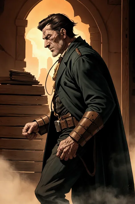 Old West Hq style Vision:  The villain standing up , Seen in profile, with a faltering body .

action:  He rests on his legs ,  his face still scarred by fear .  The environment around him seems heavy,  as if the air were thick .

text (hero): "Go away ."
...