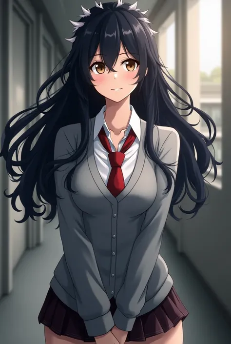 style:  Boku no Hero Academia, beautiful woman,  black wavy hair with white tufts of light brown eyes and uniform of the U.A gray sweater , White shirt, red tie, with Katsuki Bakugo