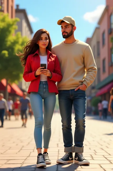  A couple a woman in a red jacket ,  a light blue jeans ,  a black Nike , with loose hair,  a phone in their hands ,  a man in a beige cap with black, a beige sweater ,  a dark blue jeans ,  a black converse pair . Disney Pixar3D