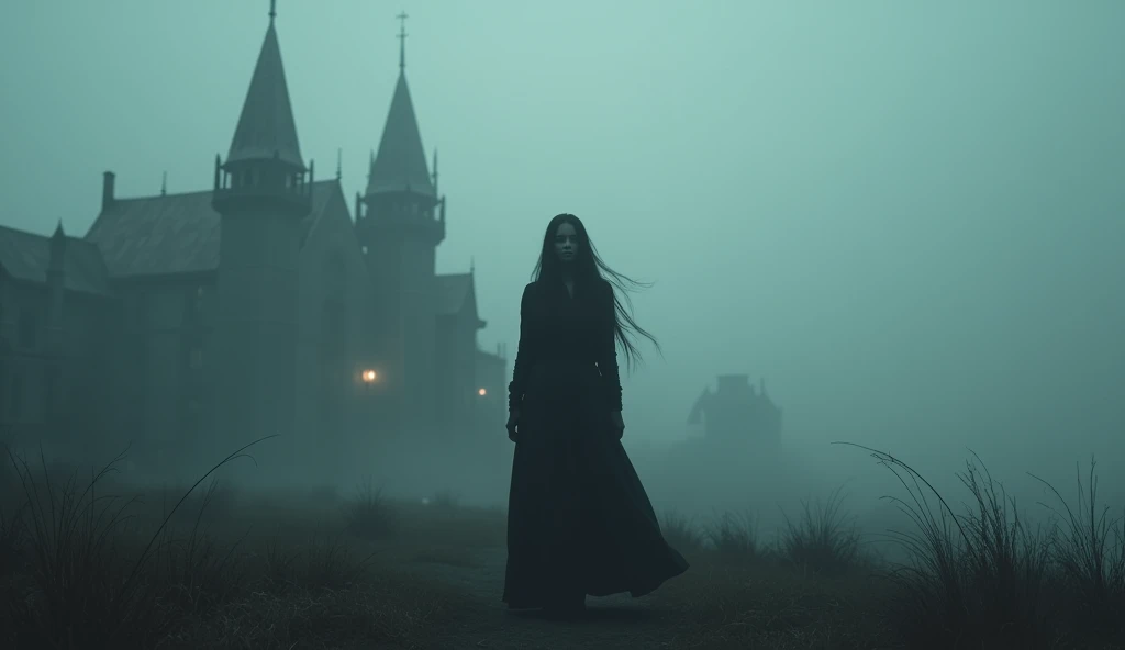 hard fog, dark ambient, gothic elements, sad woman with long hair