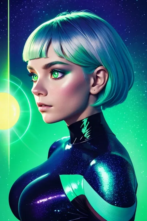 A serene and hot cosmic woman figure with a slender athletic body and lustrous white hair that changes from white to bright green and yellow, evoking a starry night sky. Her eyes are open, and her serene expression conveys deep meditation. Her form-fitting...