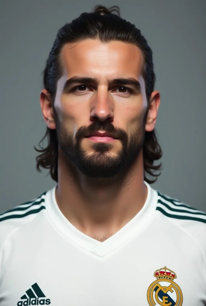  Create an image of a player named Deivid who plays for Real Madrid and won a Champions League,He has medium hair tied and a short beard 